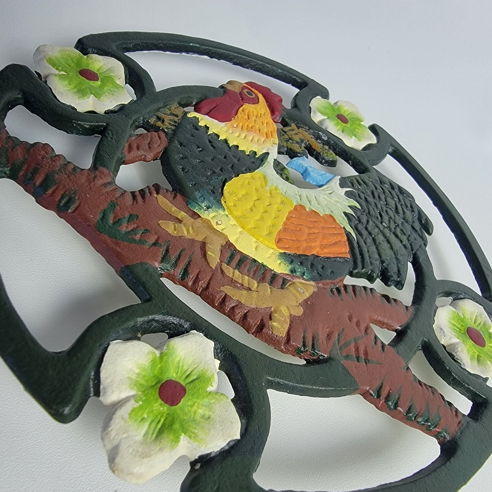 Vintage Cast Iron Hand Painted Rooster Flowers Themed Multicolored Trivet Pat